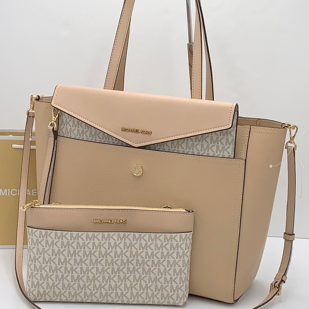 Michael Kors Maisie Large Pebbled Leather 3-in-1 Tote Bag Buff Signature Multi - Picture 1 of 16